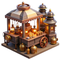 serene minimalist A bustling steampunk marketplace filled with vendors selling curious gadgets and contraptions, lit by warm, flickering gaslight high quality png