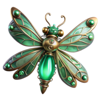 dramatic creative A delicate steampunk dragonfly with metallic wings and gears for a body, lit by a soft, green bioluminescent light professional png