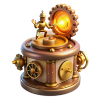 vibrant classic A whimsical steampunk music box, adorned with gears, cogs, and a tiny dancing figurine, lit by a warm, candlelight glow professional png