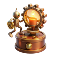 elegant minimalist A whimsical steampunk music box, adorned with gears, cogs, and a tiny dancing figurine, lit by a warm, candlelight glow genuine png