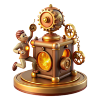 elegant modern A whimsical steampunk music box, adorned with gears, cogs, and a tiny dancing figurine, lit by a warm, candlelight glow exclusive png
