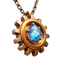 magnificent modern A delicate steampunk necklace with a intricate gear pendant and glowing crystal accents, illuminated by a soft, warm light high resolution png