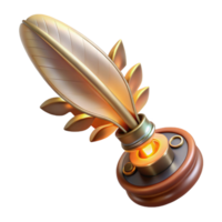 impressive abstract A detailed steampunk writing quill with intricate gears and a brass nib, illuminated by a soft, lamplight 4K png