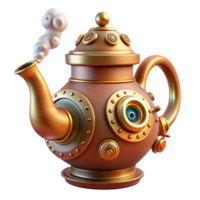 wonderful creative A whimsical steampunk teapot, adorned with gears, cogs, and a whistling steam spout, lit by a warm, kitchen light detailed png