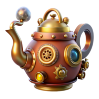 magnificent creative A whimsical steampunk teapot, adorned with gears, cogs, and a whistling steam spout, lit by a warm, kitchen light premium png
