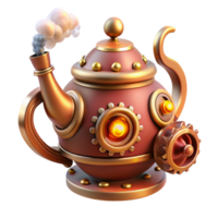 serene rustic A whimsical steampunk teapot, adorned with gears, cogs, and a whistling steam spout, lit by a warm, kitchen light genuine png