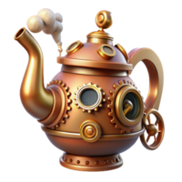 serene modern A whimsical steampunk teapot, adorned with gears, cogs, and a whistling steam spout, lit by a warm, kitchen light premium png