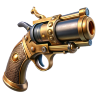 magnificent abstract A steampunk pistol, ornate engravings, polished wood grip, spinning brass cylinder, dramatic lighting, hyperrealistic style professional png