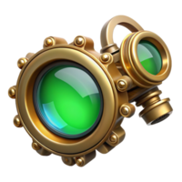 elegant classic A steampunk monocle, intricate gears and lenses, brass frame, glowing emerald lens, close-up, photorealistic style high resolution png