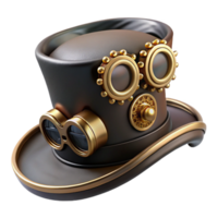 stunning minimalist A steampunk top hat, brass gears and goggles attached, dark leather band, cogs turning, dynamic lighting, art deco style authentic png