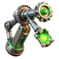 vibrant traditional A steampunk robotic arm, intricate gears and pistons, glowing green energy conduits, metallic sheen, dynamic pose, cyberpunk style high resolution png
