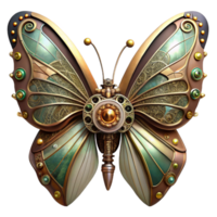 stunning rustic A steampunk butterfly, delicate clockwork wings, intricate gear patterns, metallic sheen, soft lighting, art nouveau style high quality png