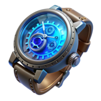 beautiful rustic Steampunk wristwatch, intricate gears visible through crystal face, roman numerals, glowing blue hands, close-up, hyperrealistic original png