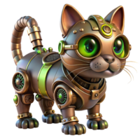 vibrant classic Steampunk robotic cat, intricate gears and wires, glowing green eyes, oil-stained fur, dimly lit workshop setting premium png