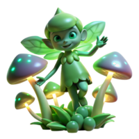 elegant vintage A mischievous pixie with glowing green eyes, hovering above a cluster of bioluminescent mushrooms, illuminated by soft, dappled sunlight. Dreamlike, painterly style authentic png