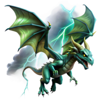 dramatic rustic A fearsome dragon with scales of polished emerald, soaring through a stormy sky, illuminated by flashes of lightning. Epic fantasy, digital painting style high quality png