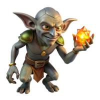 extraordinary modern A cunning goblin with sharp claws, holding a stolen jewel, illuminated by the flickering light of a campfire. Dark fantasy, gritty style authentic png