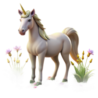 elegant creative A regal unicorn with a golden horn, grazing in a meadow of wildflowers, lit by the warm light of a summer afternoon. Fantasy art, painterly style exclusive png