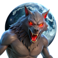 dramatic creative A fierce werewolf with glowing red eyes, howling at the full moon, illuminated by cool moonlight. Dark fantasy, horror style high resolution png