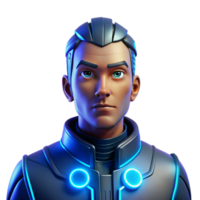 impressive artistic Portrait of a futuristic cyborg with glowing blue circuitry, a metallic face, and a stoic expression, lit by neon cyberpunk lighting, cyberpunk style high quality png