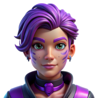 serene traditional Portrait of a non-binary person with vibrant purple hair and intricate facial tattoos, neon lighting, cyberpunk style high quality png