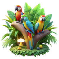 extraordinary vintage A group of colorful macaws perched on a gnarled branch, jungle setting with bright lighting, digital art style authentic png
