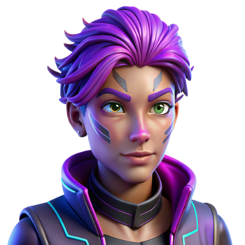 deslumbrante vintage retrato do uma não binário pessoa com vibrante roxa cabelo e intrincado face pintar, aceso de néon luzes, dentro uma cyberpunk estilo exclusivo png