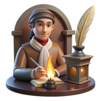 wonderful contemporary Portrait of a writer with a quill and parchment, lit by the warm glow of a fireplace, in a vintage style authentic png