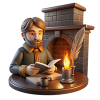 dramatic contemporary Portrait of a writer with a quill and parchment, lit by the warm glow of a fireplace, in a vintage style high quality png