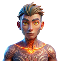 serene minimalist Portrait of a person with tattoos, showcasing the intricate body art, lit by bright, even lighting, in a illustrative style original png