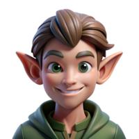 stunning contemporary Portrait of a mischievous elf with pointed ears and a playful smirk, dappled forest light, fantasy art style original png