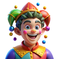 dramatic modern Portrait of a charming jester with colorful makeup and a playful expression, bright carnival light, theatrical portrait style high resolution png