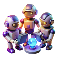 vibrant minimalist A group of stylized, low-poly robots working collaboratively on a complex task, illuminated by bright, directional lighting, in a retro-futuristic style exclusive png