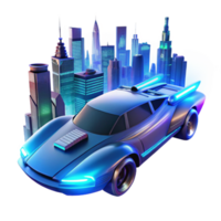 stunning modern A futuristic, flying car with sleek lines and glowing blue accents, soaring through a digitally generated cityscape, lit by neon signs and headlights, in a cyberpunk style authentic png