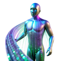 dramatic creative A stream of binary code flowing through a transparent, human-like figure, illuminated by a vibrant, multicolored light show, in a digital art style original png