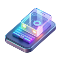 magnificent modern A futuristic, transparent smartphone displaying holographic information, illuminated by a soft, ambient light, in a minimalist, product design style high resolution png