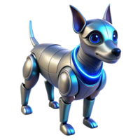 stunning rustic A futuristic, robotic dog with sleek lines and glowing blue eyes, standing in a dynamic pose, illuminated by a dramatic, spotlight effect, in a robotic pet design style authentic png