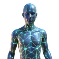 magnificent abstract A transparent human figure with glowing lines representing neural pathways, illuminated by a soft, bioluminescent light, in a medical visualization style exclusive png