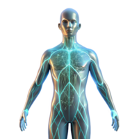 magnificent vintage A transparent human figure with glowing lines representing neural pathways, illuminated by a soft, bioluminescent light, in a medical visualization style exclusive png