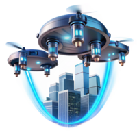 dramatic classic A group of drones flying in formation, creating light trails in the night sky, illuminated by their own lights and city lights below, in a futuristic urban style 4K png