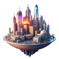 beautiful minimalist A futuristic city built on a giant, floating platform, with flying cars and towering skyscrapers, illuminated by a warm, sunset glow, in a utopian cityscape style high quality png