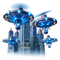 elegant abstract A group of drones flying in formation, creating light trails in the night sky, illuminated by their own lights and city lights below, in a futuristic urban style detailed png