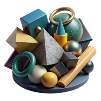 wonderful modern A chaotic jumble of geometric shapes, with a variety of textures and materials, under a dramatic, chiaroscuro lighting original png