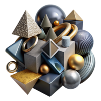 impressive rustic A chaotic jumble of geometric shapes, with a variety of textures and materials, under a dramatic, chiaroscuro lighting high quality png