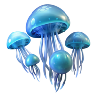 stunning rustic A school of bioluminescent jellyfish drifting through the deep ocean, lit by their own glow, ethereal photography style detailed png
