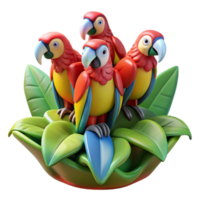 extraordinary rustic A flock of vibrant macaws perched on a giant jungle flower, hyperrealistic rendering, soft diffused lighting exclusive png