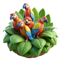 vibrant traditional A flock of vibrant macaws perched on a giant jungle flower, hyperrealistic rendering, soft diffused lighting authentic png