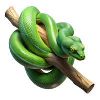 vibrant contemporary A green tree python coiled around a branch, dappled jungle light, hyperrealistic rendering high quality png