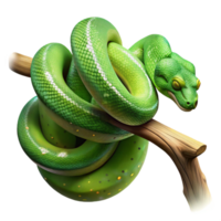 impressive artistic A green tree python coiled around a branch, dappled jungle light, hyperrealistic rendering premium png