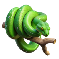 serene classic A green tree python coiled around a branch, dappled jungle light, hyperrealistic rendering professional png